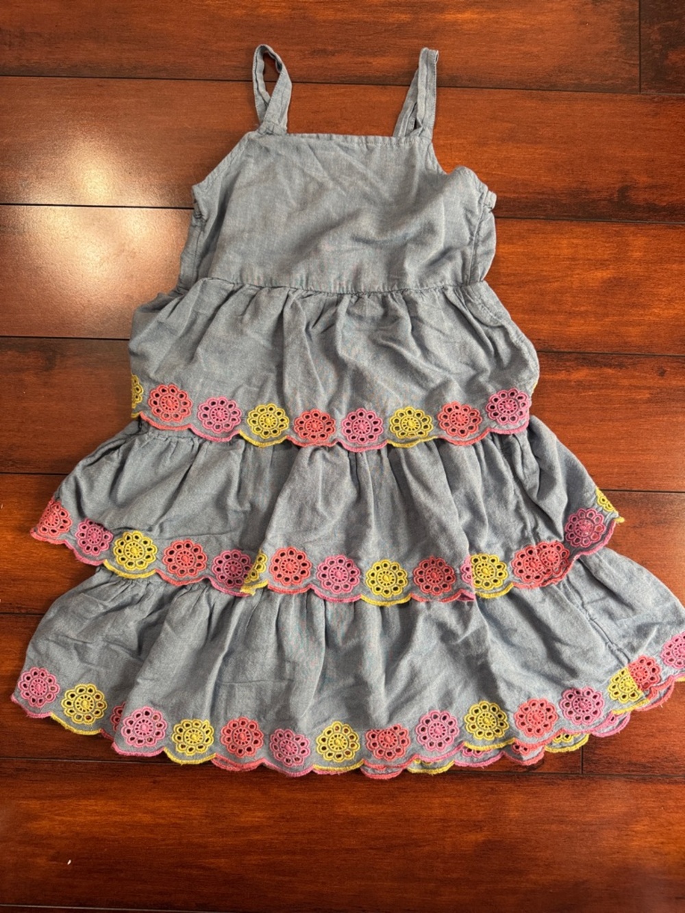 Old Navy Chambray Tiered Dress with Pink & Yellow Floral Trim